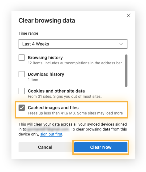 Marque a caixa “Arquivos e imagens em cache” e clique em “Limpar agora” para apagar o cache no Edge