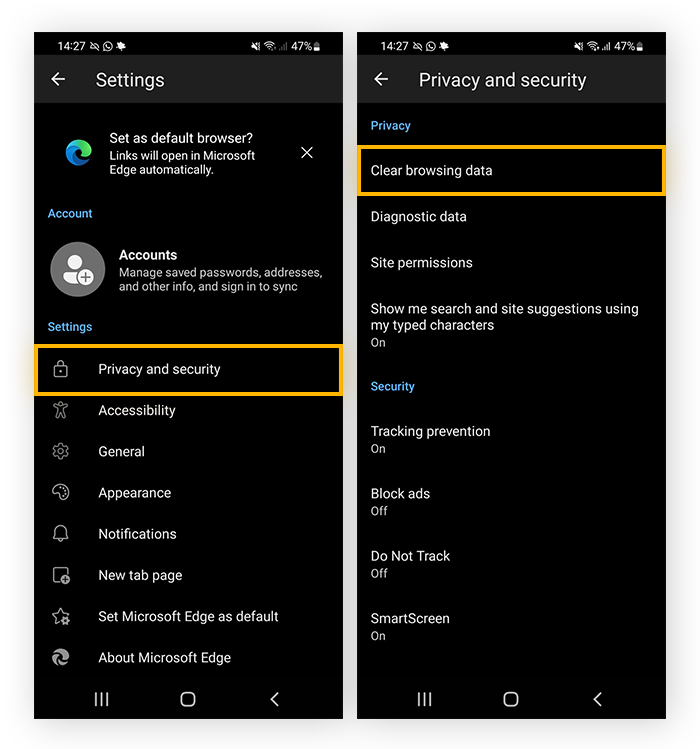 En los ajustes de Privacidad y seguridad, pulse Borrar los datos de exploración para empezar a borrar la caché en Edge en un dispositivo Android.