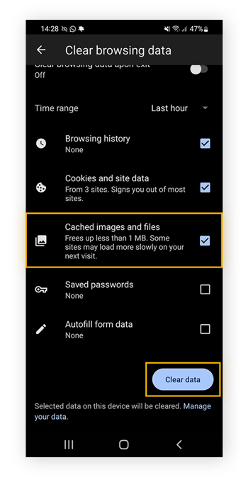 Select Cached images and files, then tap Clear data to delete Edge cache on Android.