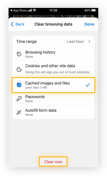 Para limpar o cache no Microsoft Edge para iOS, selecione “Arquivos e imagens em cache” e toque em “Limpar agora”