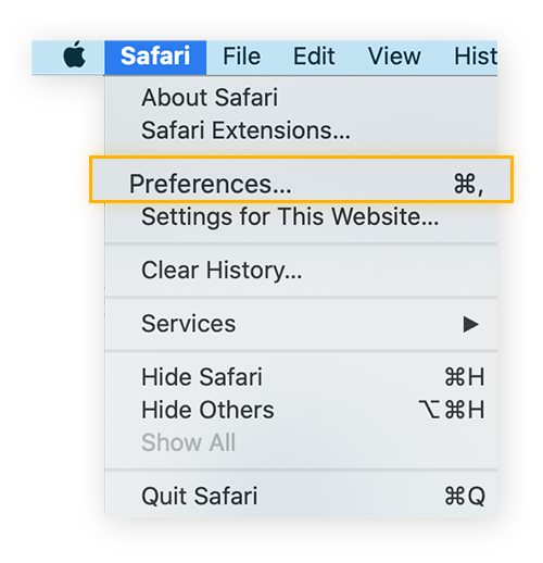 Menu a discesa del browser Safari aperto. Opzione evidenziata: Preferenze