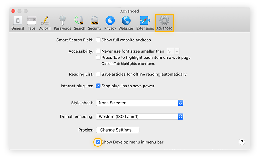 Safari's Advanced menu opened. Highlight: Show Develop menu in menu bar