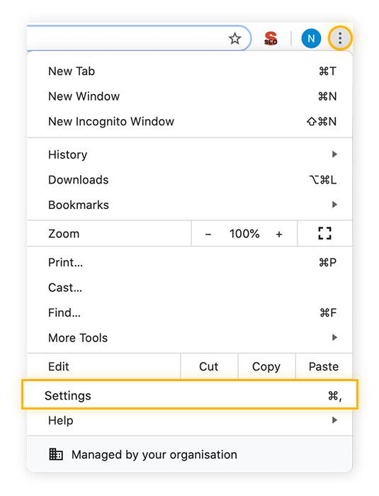 Menu déroulant de Google Chrome ouvert, mettant en évidence l’option Paramètres.