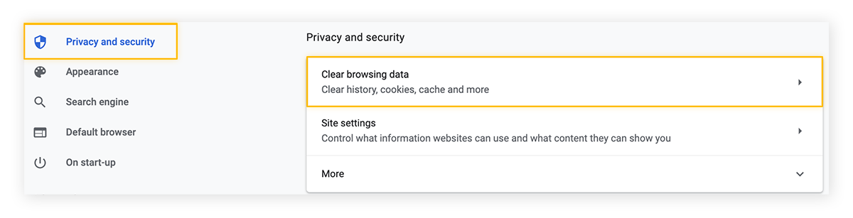O menu de preferências do Chrome é aberto. Realce da guia Privacidade e segurança à esquerda. E realce da opção Limpar dados de navegação.