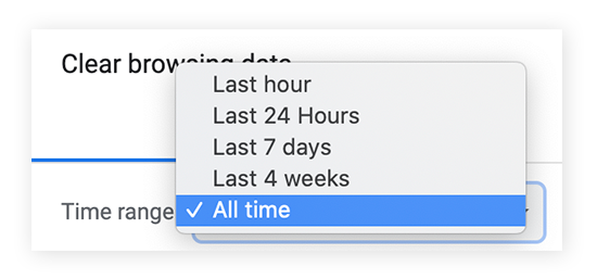 A opção Limpar dados de navegação do Chrome especifica o período como: Todo o período.