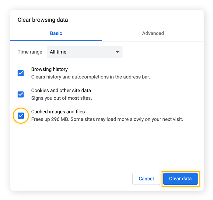 Chrome's Clear Browsing data feature menu with option to clear cached images and files.