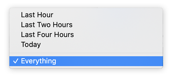 Firefox's Clear history feature. Selecting time range: Everything.
