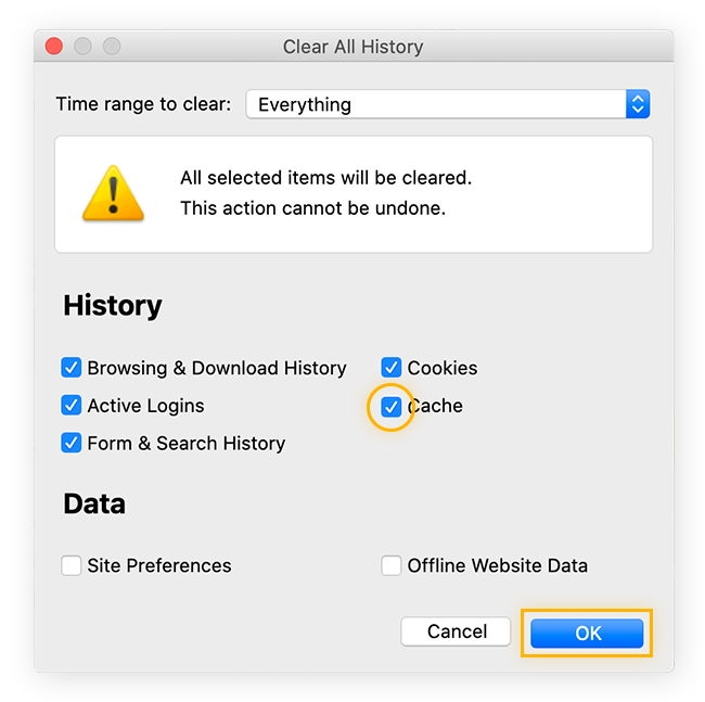 Firefox's Clear All History Menu. Highlight: The option for Cache is ticked. 2nd Highlight: OK.