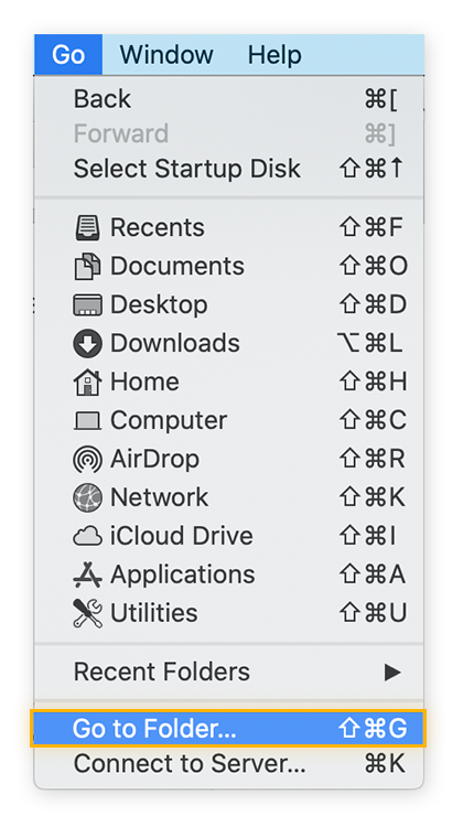 Menu Aller sur macOS mettant en évidence l’option Aller au dossier.