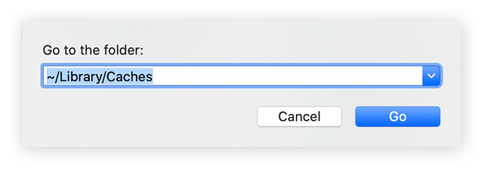 Passaggio alla barra di ricerca cartelle su Mac. Testo "~/Library/Caches/" digitato nella casella di ricerca.