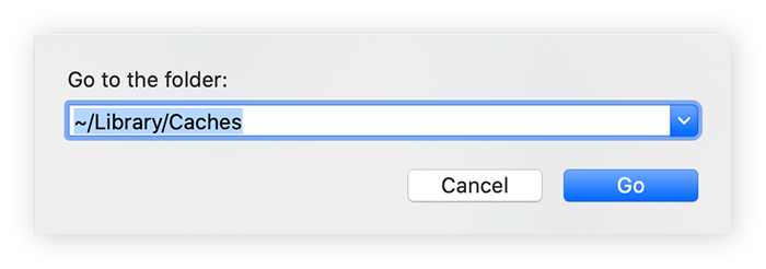 De zoekbalk “Ga naar map” op een Mac. Met de invoer "~/Library/Caches/".
