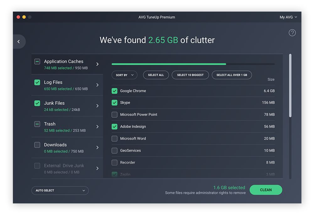 Suppression des caches d’applications, de navigateurs et autres fichiers indésirables avec AVG TuneUp pour Mac.