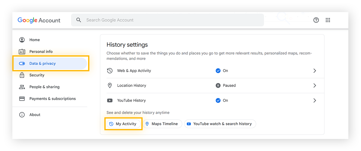 A view of "history settings" in someone's Google Account. "My Activity" is circled.