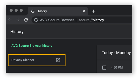 Abrindo o Limpador de Privacidade no AVG Secure Browser.