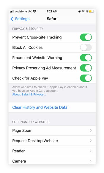 Clearing Safari history and website data in iOS settings.