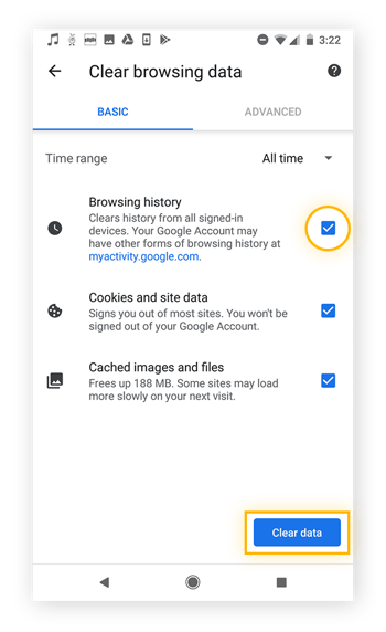Browsegegevens, inclusief browsergeschiedenis, cookies en cachebestanden, wissen in Google Chrome voor Android.