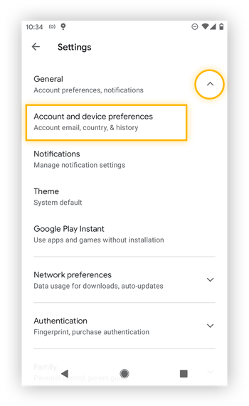 Abrindo as preferências de conta e dispositivo no Google Play.
