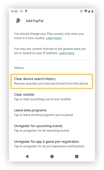 Opening up device search history in Google Play.
