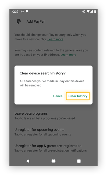 Clearing history in Google Play.