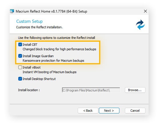 Macrium Reflect Home custom setup options.