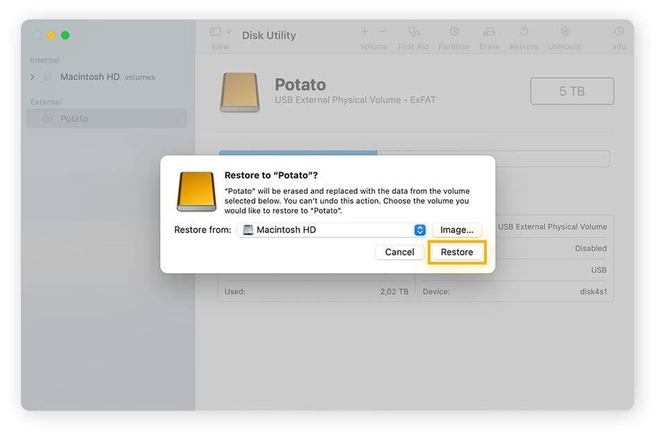Selecting a destination drive to Restore to in Disk Utility for macOS.