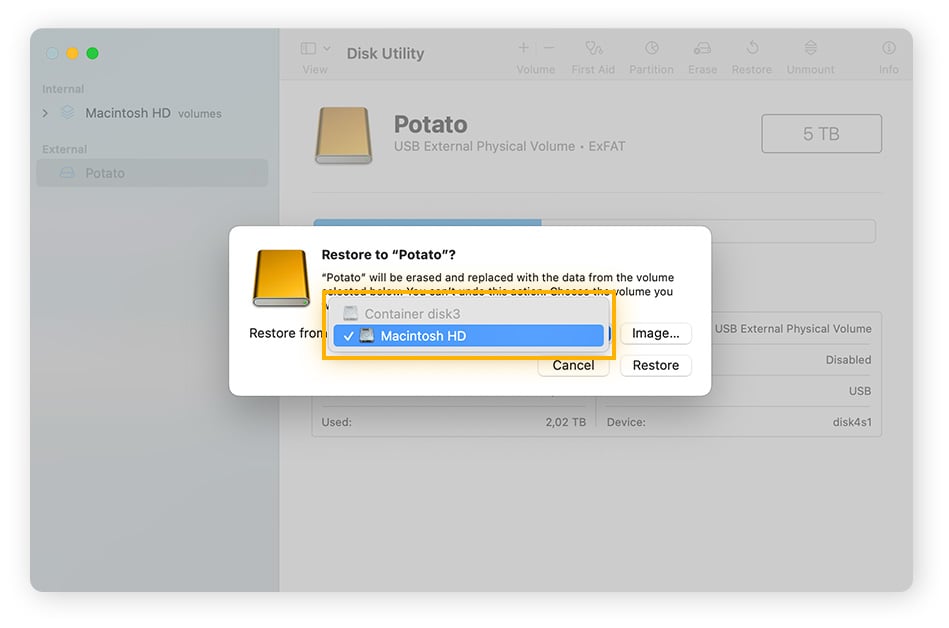 Selecting a source drive to Restore from in Disk Utility for macOS.
