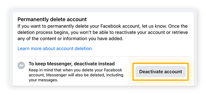 A página da web do Facebook para excluir permanentemente ou desativar por um tempo sua conta do Facebook.