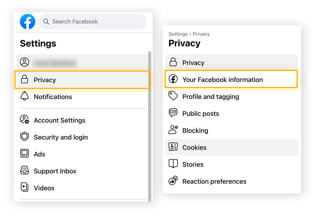 Nelle impostazioni sulla privacy di Facebook, fai clic su Privacy > Le tue informazioni su Facebook per trovare le opzioni di disattivazione dell'account.