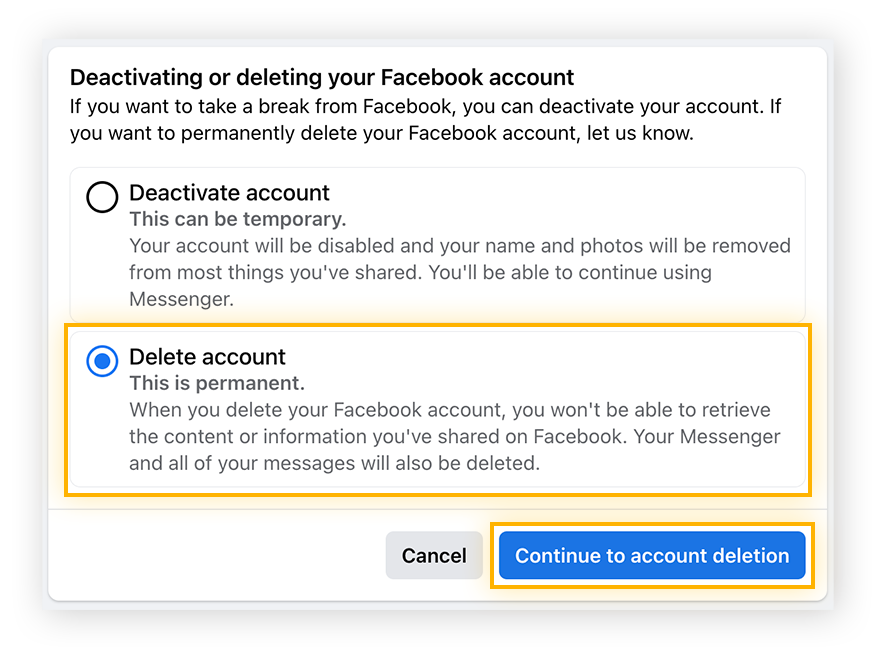 Clique em Continuar para excluir a conta e finalizar o processo de exclusão do Facebook.