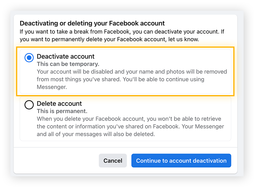 Confirm you want to deactivate your account by clicking the blue button.