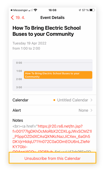 Cancelando a assinatura de um calendário no app Calendário do iOS.