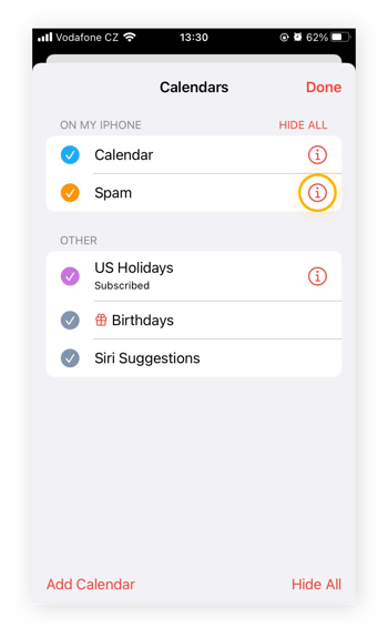 Vari calendari nell'app Calendario di iOS.