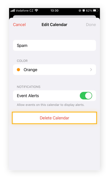 A função Editar Calendário no app Calendário do iOS.