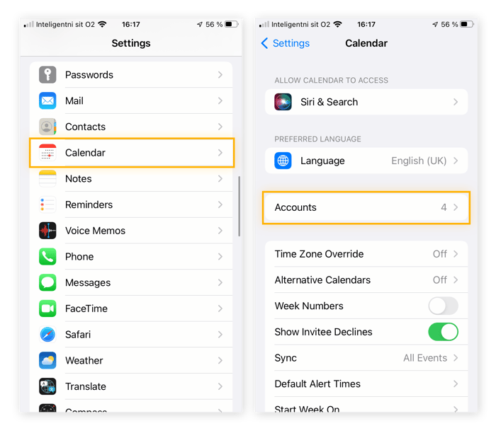 Acessando o menu app Calendário pelo app Ajustes do iOS.