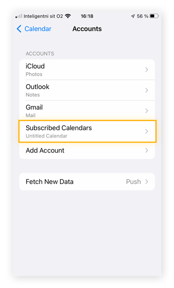Menu di gestione dell'account per l'app Calendario di iOS.