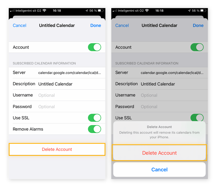 Excluindo uma conta do app Calendário do iOS pelo menu de gerenciamento de contas.