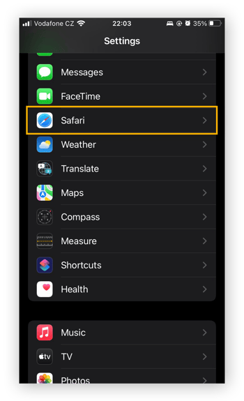 Ajustes do iOS, com o app Safari em destaque