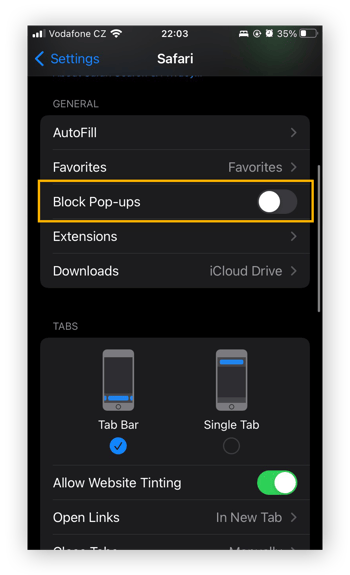 Impostazioni di iOS per Safari, con l'opzione "Blocco finestre a comparsa" evidenziata