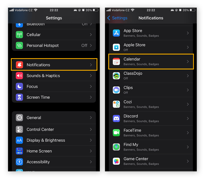 iOS notifications settings, highlighting Calendar