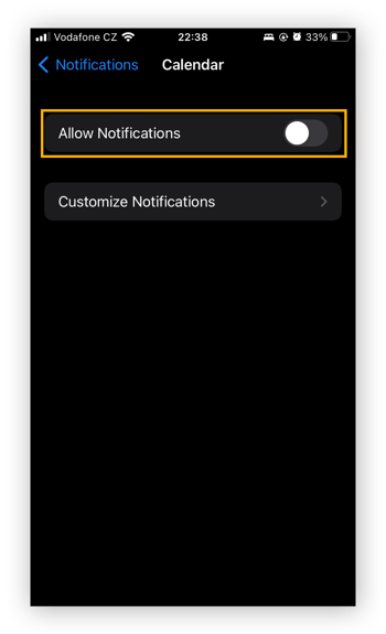 Ajustes de notificaciones de la aplicación Calendario de iOS, con la opción «Permitir notificaciones» resaltada