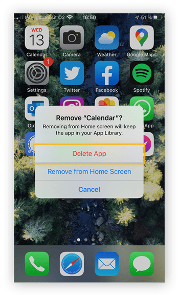 Confirmation de la suppression de l’application Calendrier d’iOS.