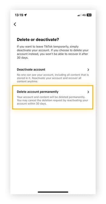 Delete of deactivate page in the TikTok app, with the 'Delete account permanently" option highlighted
