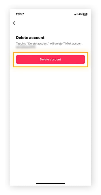 The final delete account button in the TikTok app, with the "delete account" button highlighted.