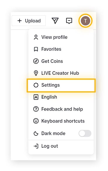 TikTok website menu with the "Settings" button highlighted.
