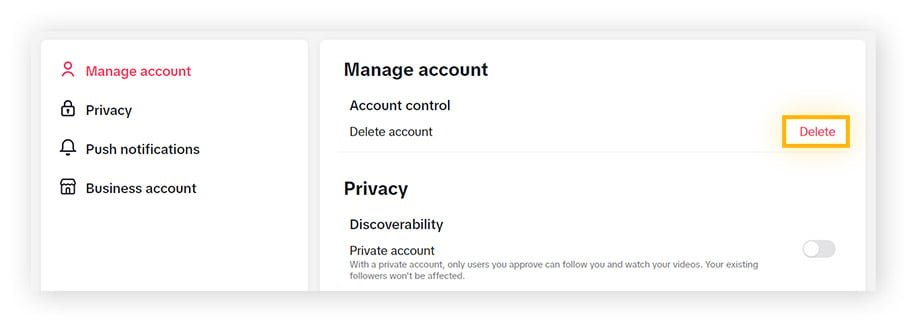 Accessing the Account control settings in Tik Tok in order to delete your account.