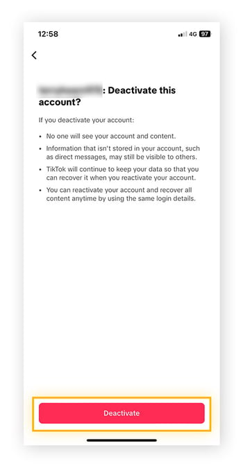 Deactivate this account confirmation page from the TikTok app, with the Deactivate button highlighted.