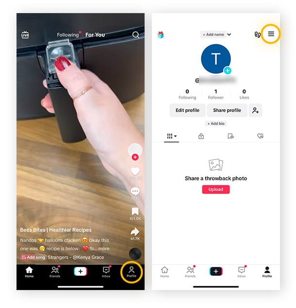 Screenshots of TikTok with the Profile button and menu icons highlighted.