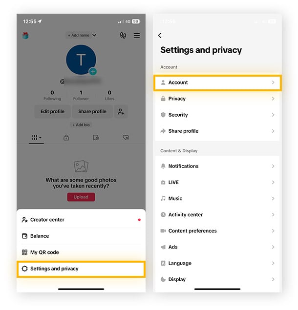 Screenshot of the TikTok Profile page and Settings and Privacy menu.