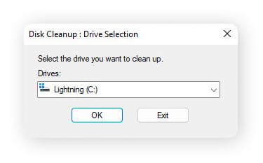 Selecting which drive the Disk Cleanup will search for temp files on Windows 11.
