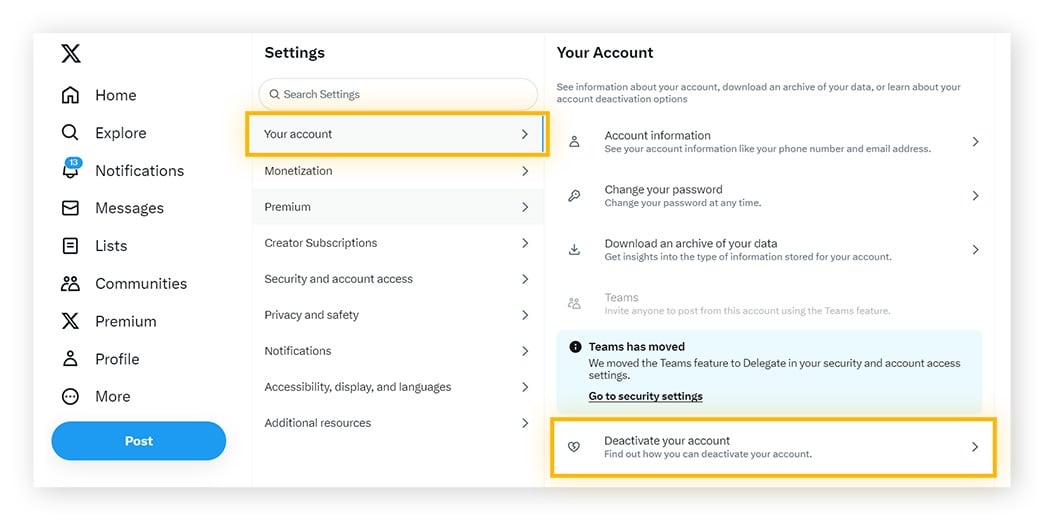 The Twitter Settings menu with the Your account button and the Deactivate your account buttons highlighted